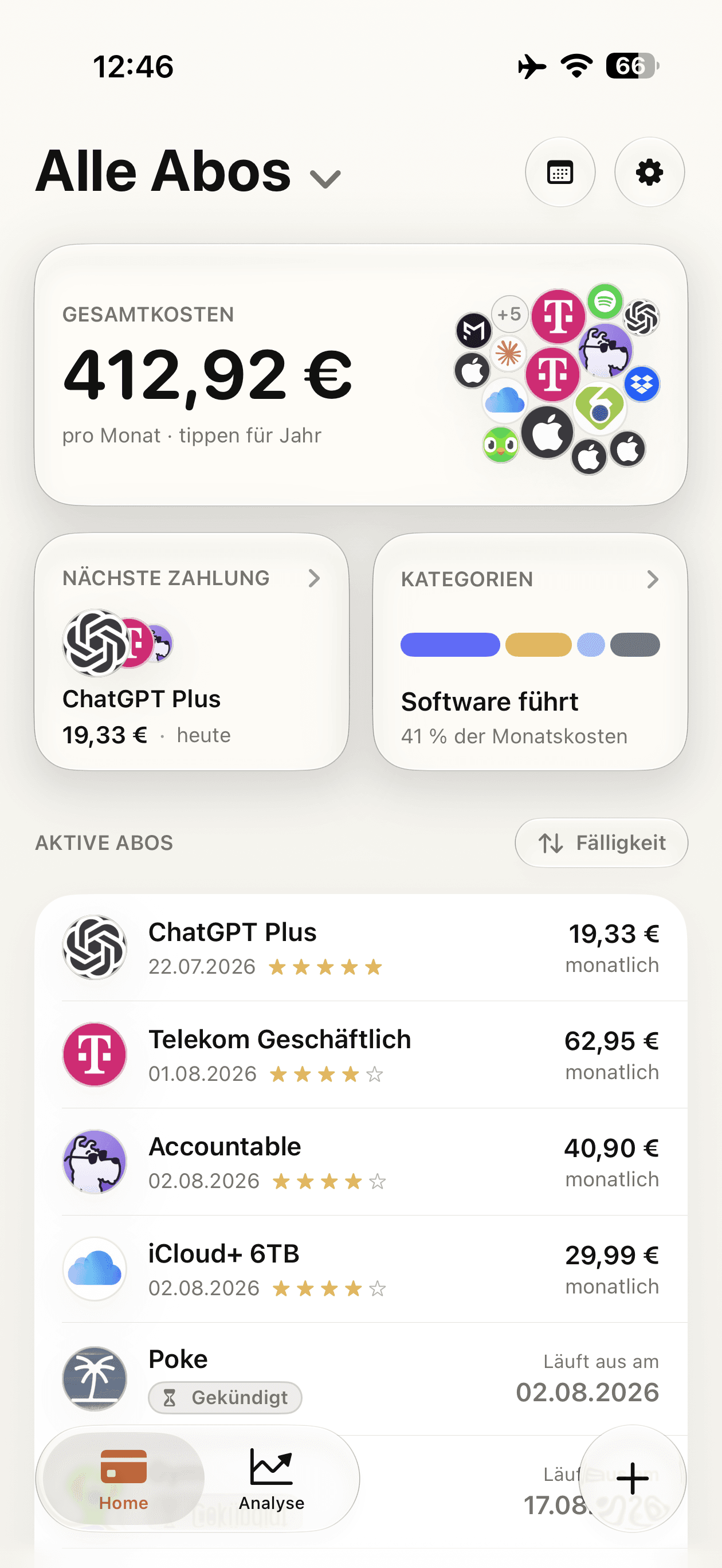 Subs showing active subscriptions, monthly costs, and Subscription Health on iPhone