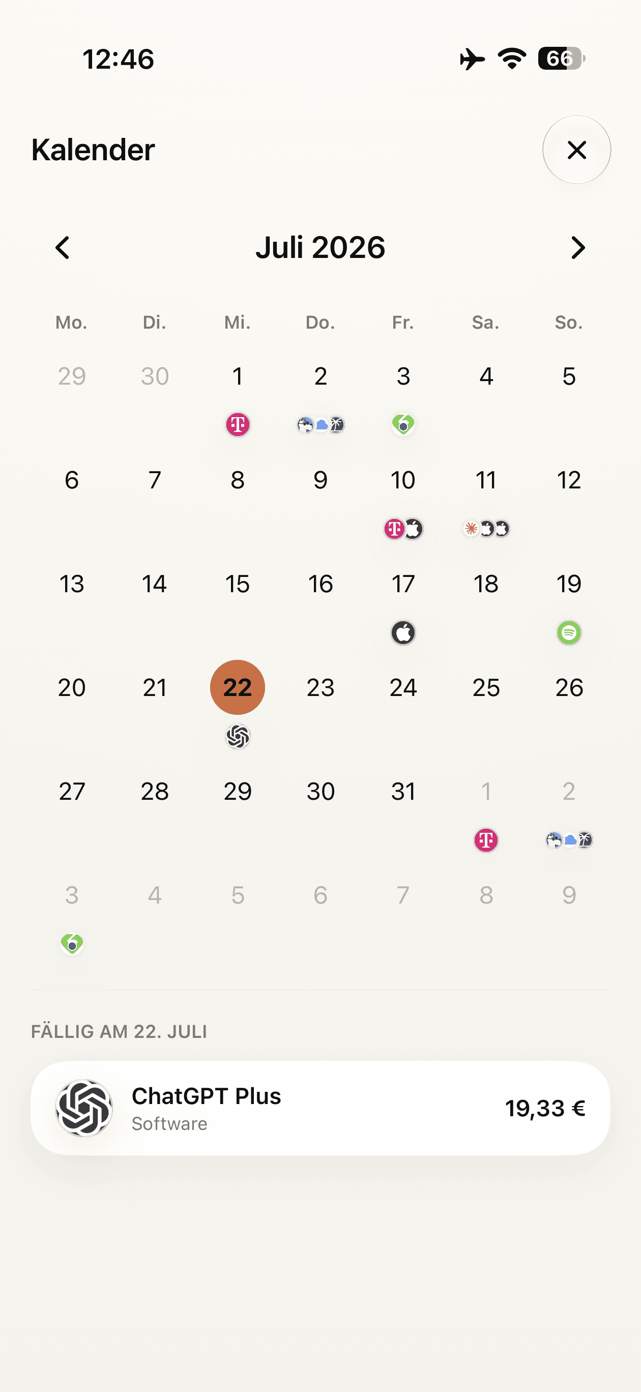 Subs calendar showing upcoming subscription payments