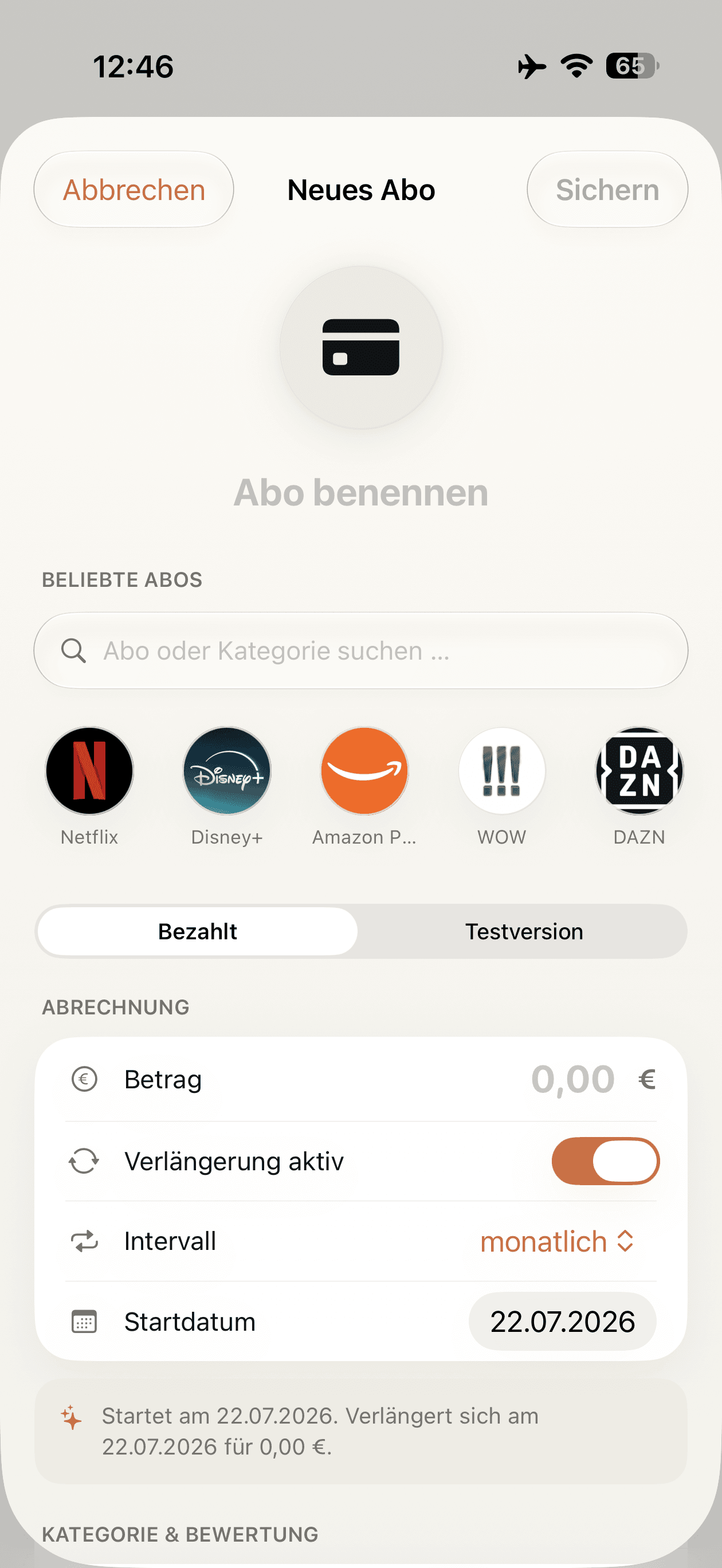 Adding a new subscription in Subs