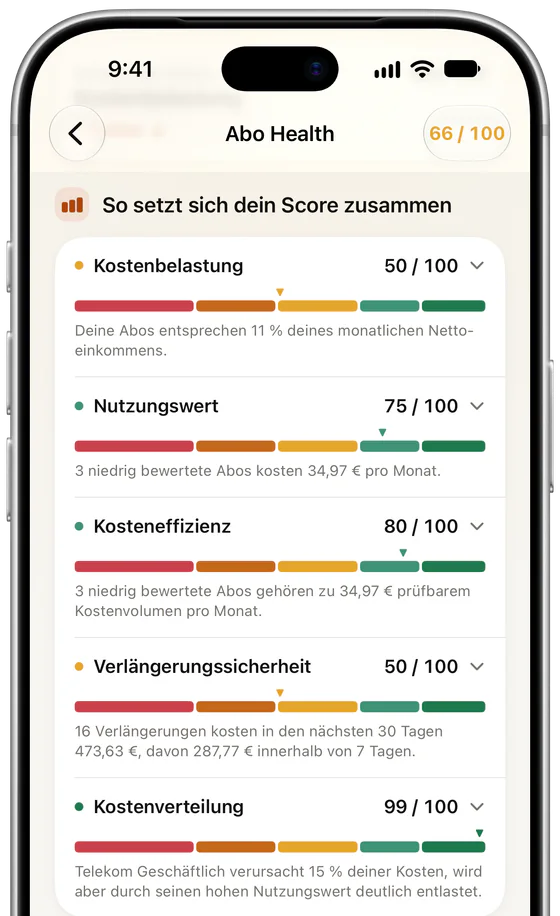 Die fünf Faktoren von Abo Health in Subs: Kostenbelastung 50, Nutzungswert 75, Kosteneffizienz 80, Verlängerungssicherheit 50 und Kostenverteilung 99, jeweils von 100.