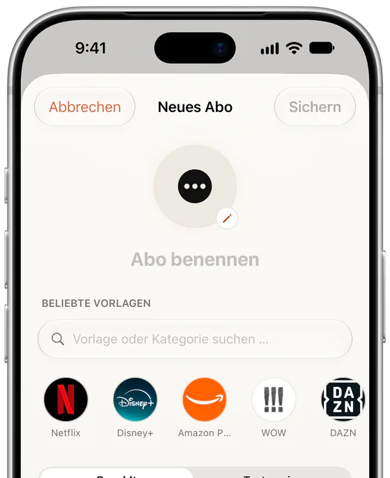 Neues Abo in Subs: beliebte Vorlagen wie Netflix, Disney+ und Amazon Prime Video über den Feldern zur Abrechnung.
