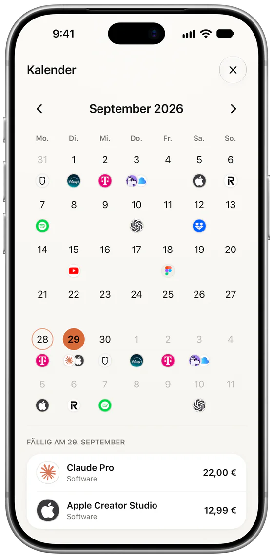 Der Kalender in Subs für September 2026 mit Anbieterlogos an jedem Fälligkeitstag. Der 29. September ist ausgewählt und zeigt Claude Pro für 22,00 € und Apple Creator Studio für 12,99 €.
