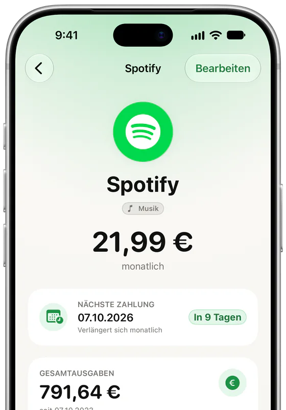 Spotify in Subs: 21,99 € monatlich, nächste Zahlung in 9 Tagen, 791,64 € seit Oktober 2023 ausgegeben.