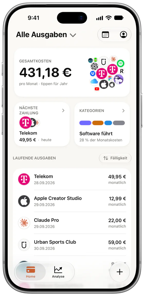Subs auf dem iPhone: der Startbildschirm mit Gesamtkosten von 431,18 € pro Monat, der nächsten Zahlung, der größten Kategorie und der Liste der anstehenden Abos.