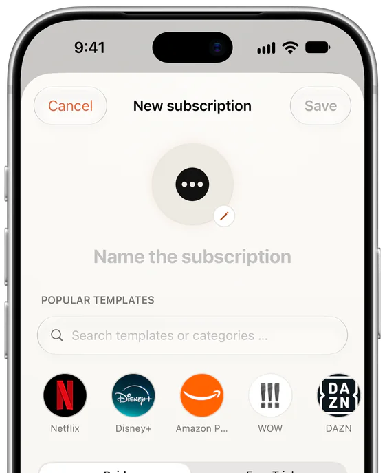 Adding a subscription in Subs: popular templates such as Netflix, Disney+ and Amazon Prime Video above the billing fields.