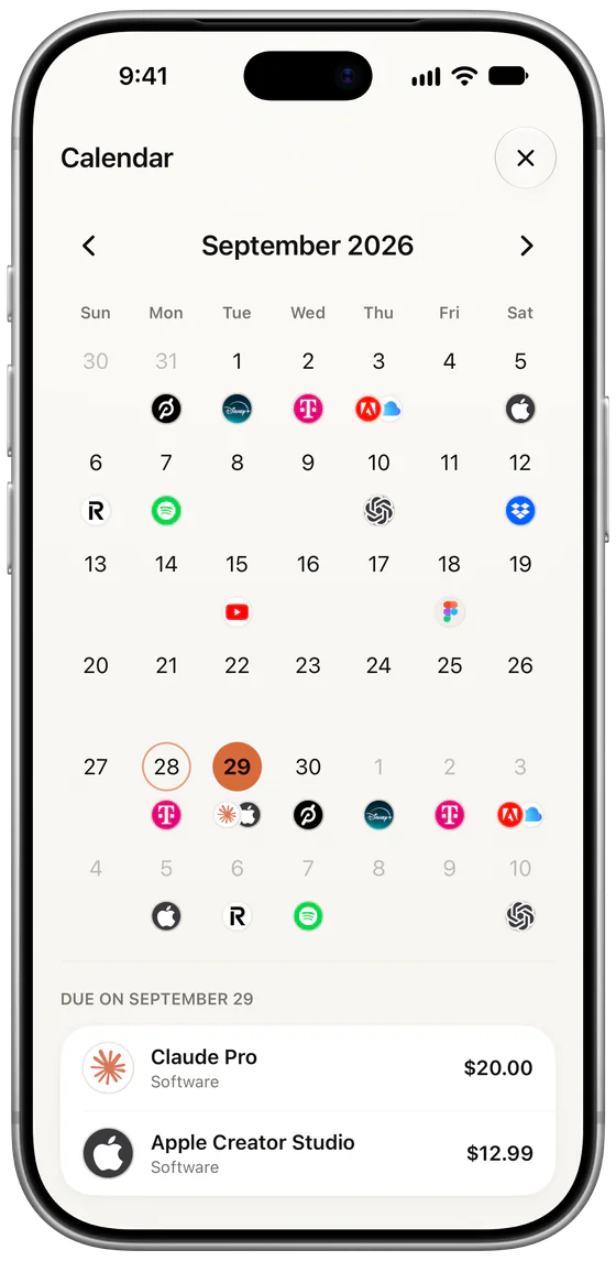 The calendar in Subs for September 2026 with service logos on each due date. September 29 is selected and lists Claude Pro at $20.00 and Apple Creator Studio at $12.99.