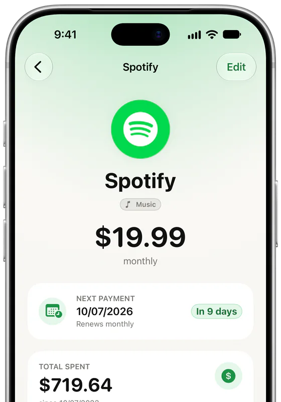 Spotify in Subs: $19.99 monthly, next payment in 9 days, $719.64 spent since October 2023.