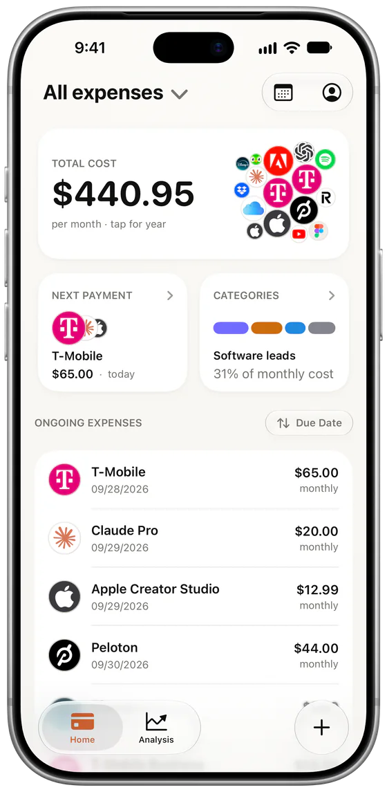Subs on iPhone: the Home screen with a monthly total of $440.95, the next payment, the leading category and the list of upcoming subscriptions.