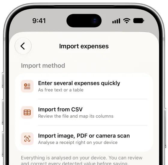 The import options in Subs: several expenses as free text or a table, a CSV file, or an image, PDF or camera scan.