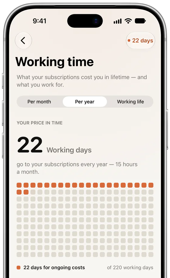 Working time in Subs: 22 of 220 working days a year go to subscriptions, 15 hours a month, based on $30.00 per hour.